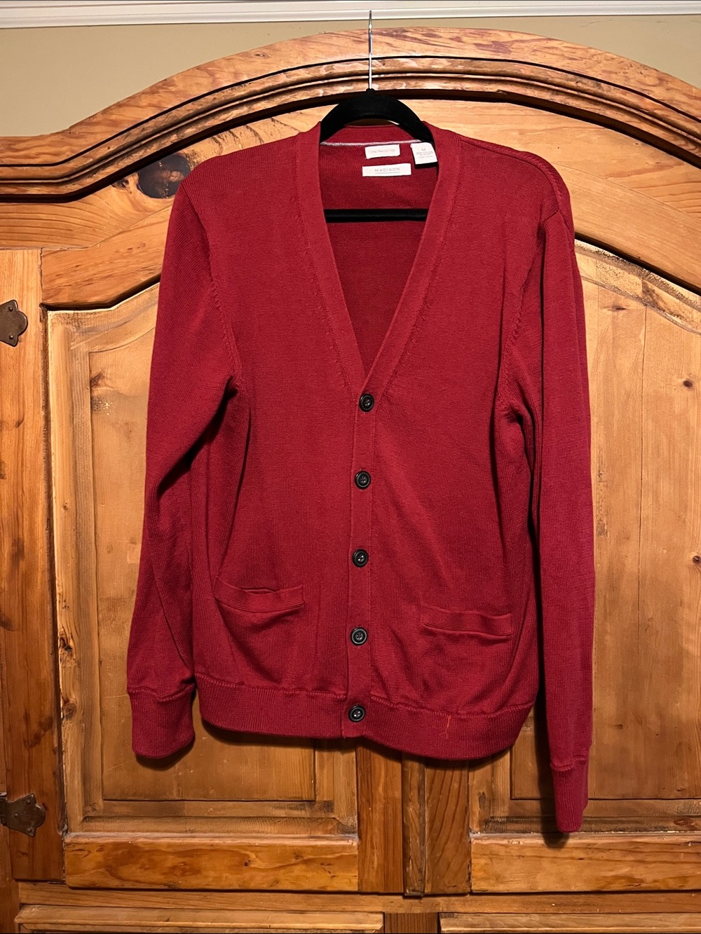 Madison Men's Deep Red V-Neck Button Cardigan 100% Cotton